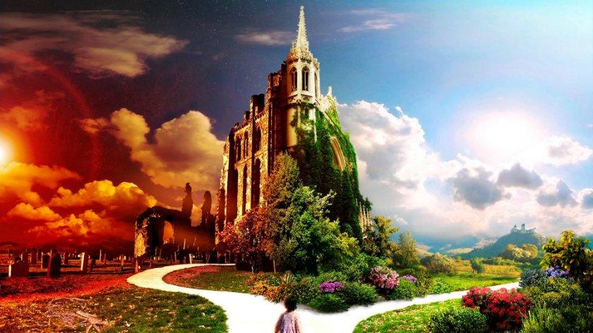 Человек перед двумя дорогами, по одной из которых рай, по другой — ад. Он не знает, куда идти.