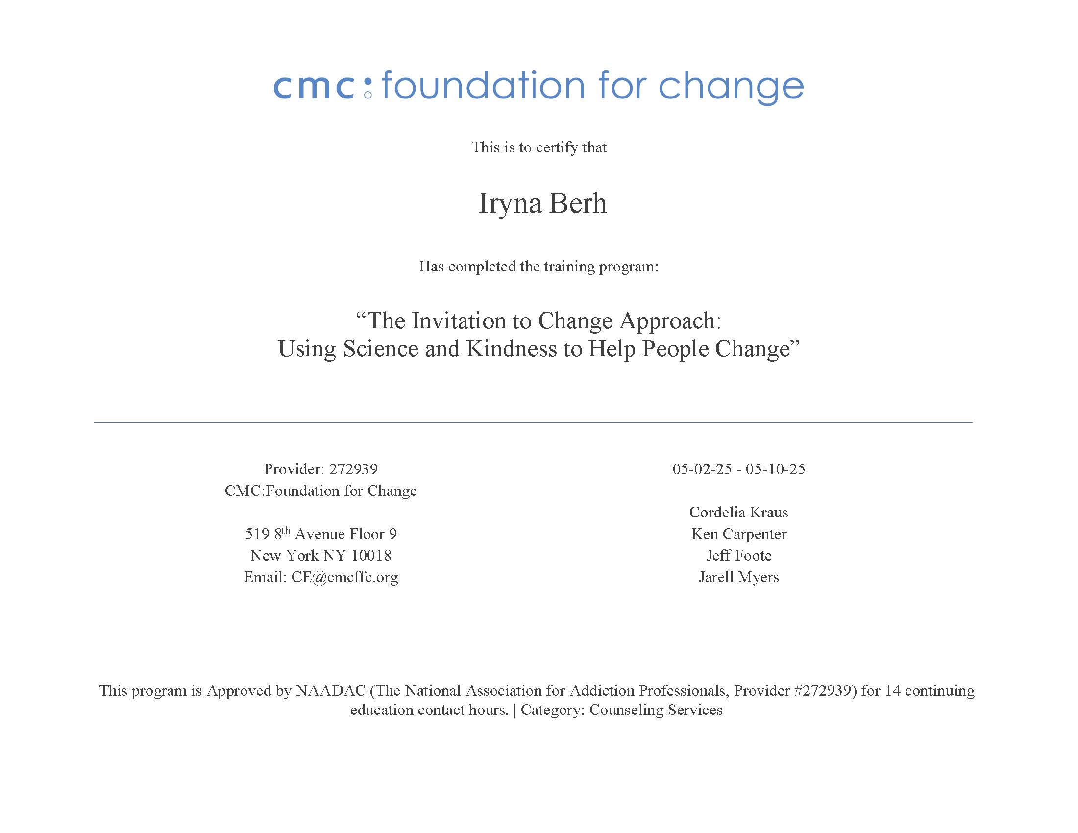 ITC (Invitation to Change Approach) — обучение основам подхода ITC - Приглашение к Переменам (май 2025) → CMC: Foundation for Change (США)